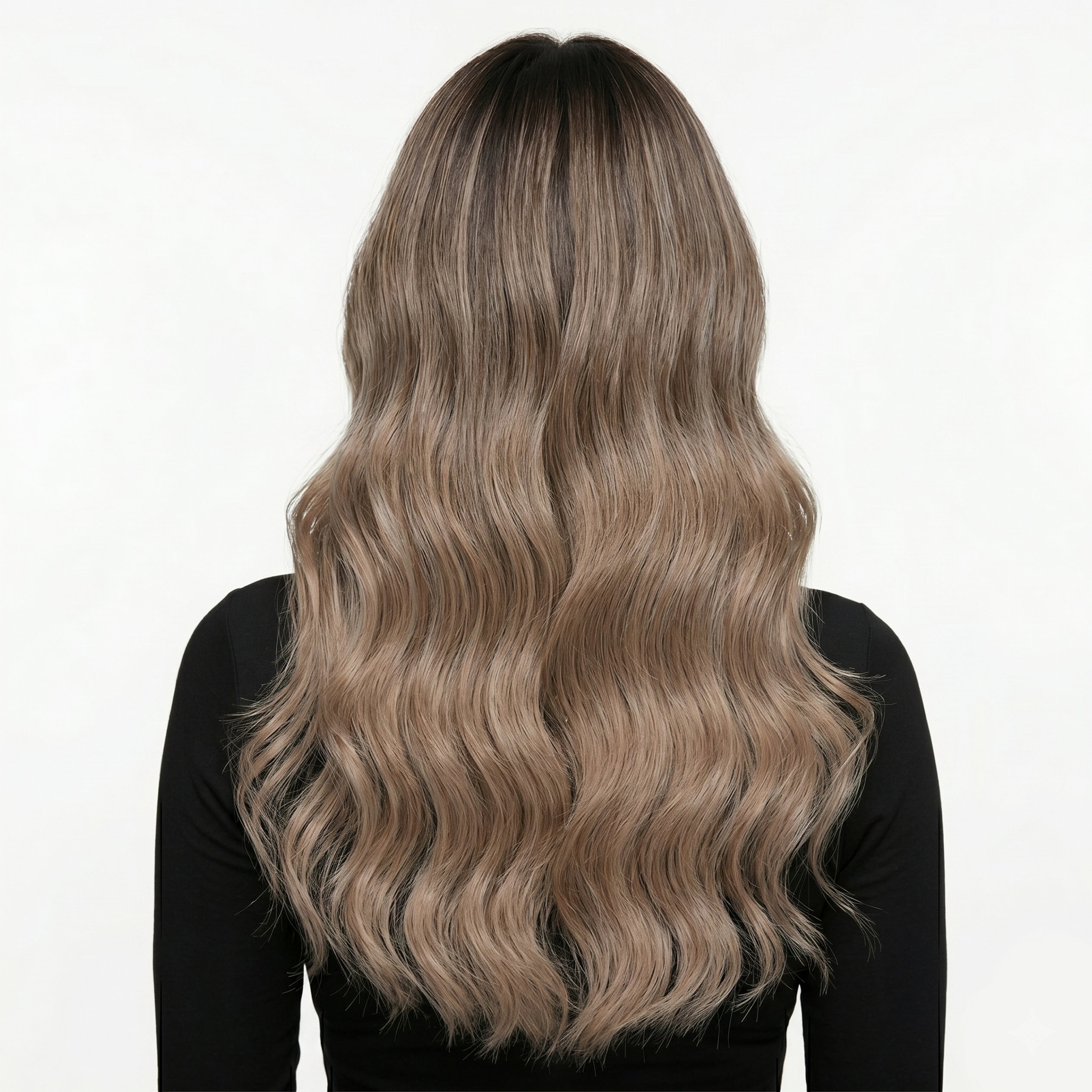 Hailie Hair Solene shade medium blonde genius weft hair extension swatch back of model