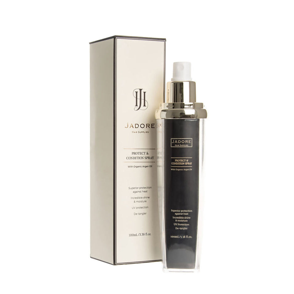 Jadore Heat Protect & Condition Spray protects and conditions all human hair extensions for optimum bounce and shine. Moisture-rich & safe for extensions. No protein, no buildup. Ideal for daily and weekly care.